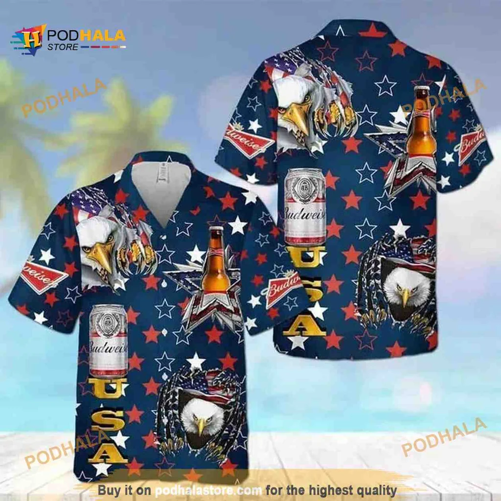 Patriotic Eagle Beer Hawaiian Shirt Featuring American Flag Design