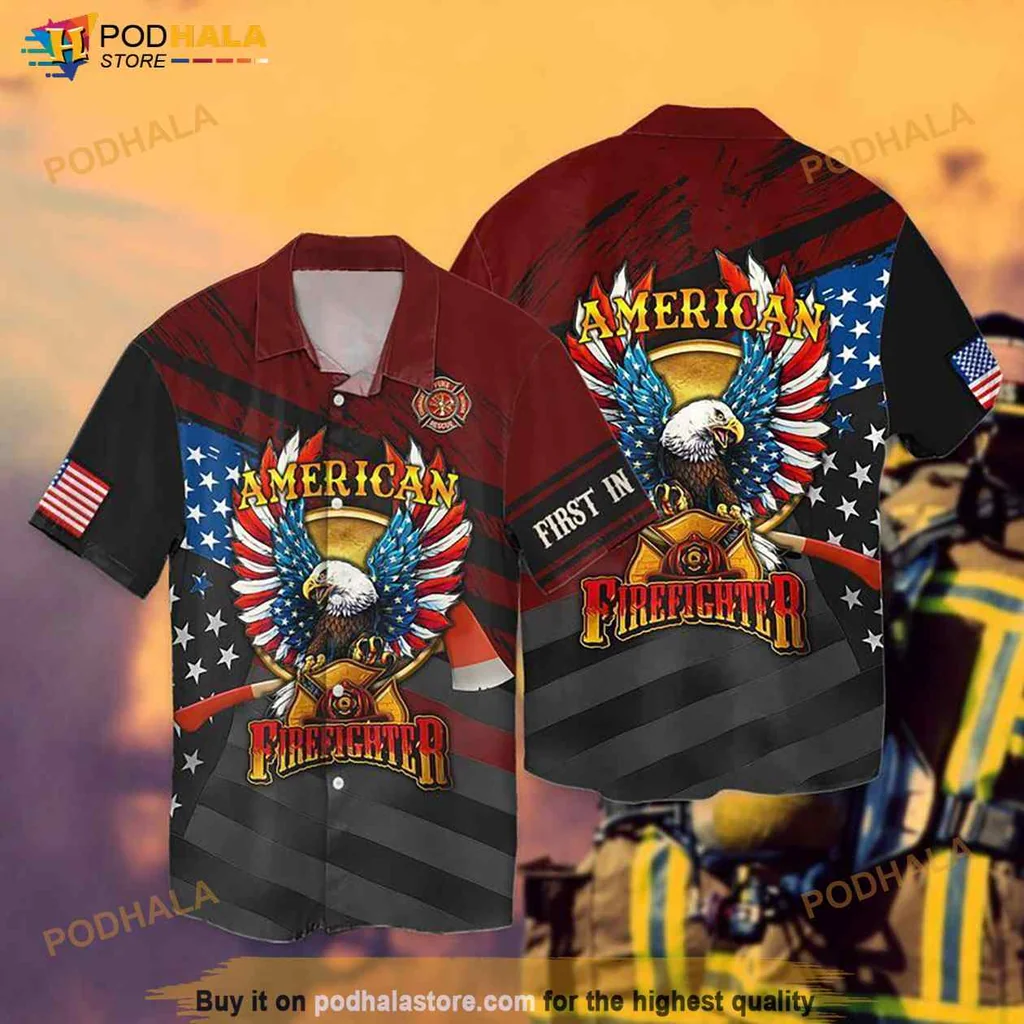 Patriotic Eagle Firefighter Hawaiian Shirt With American Flag Design