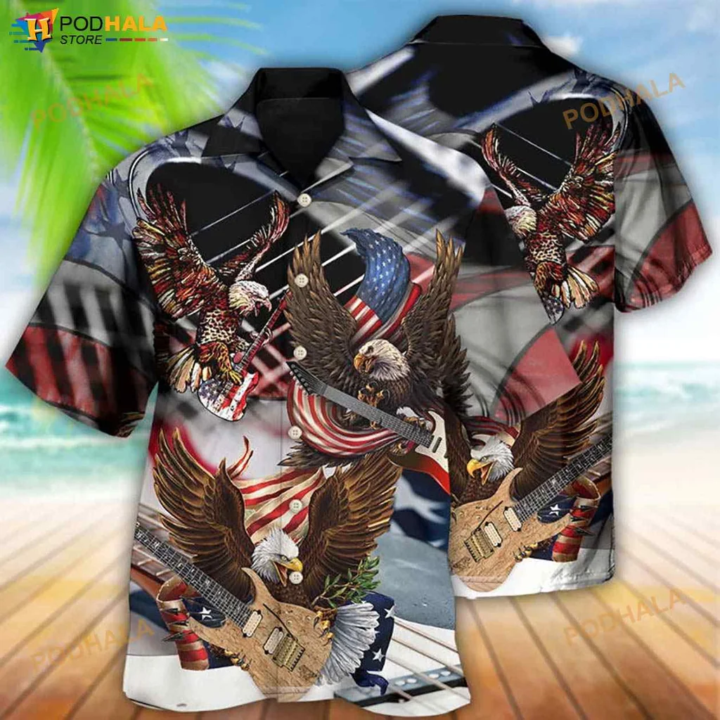 Patriotic Eagle Guitar Hawaiian Shirt With American Flag Design