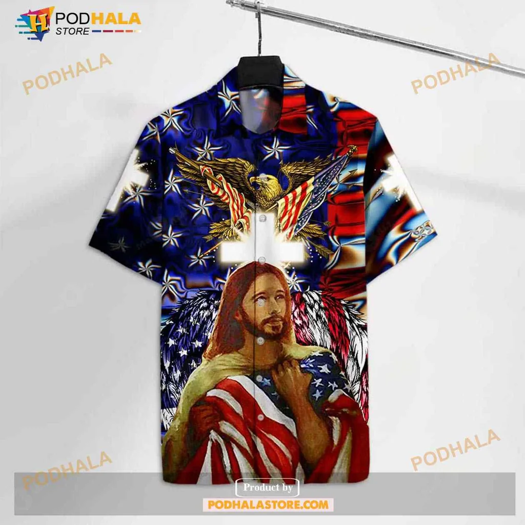 Patriotic Eagle Hawaiian Shirt Featuring American Flag And Jesus Design
