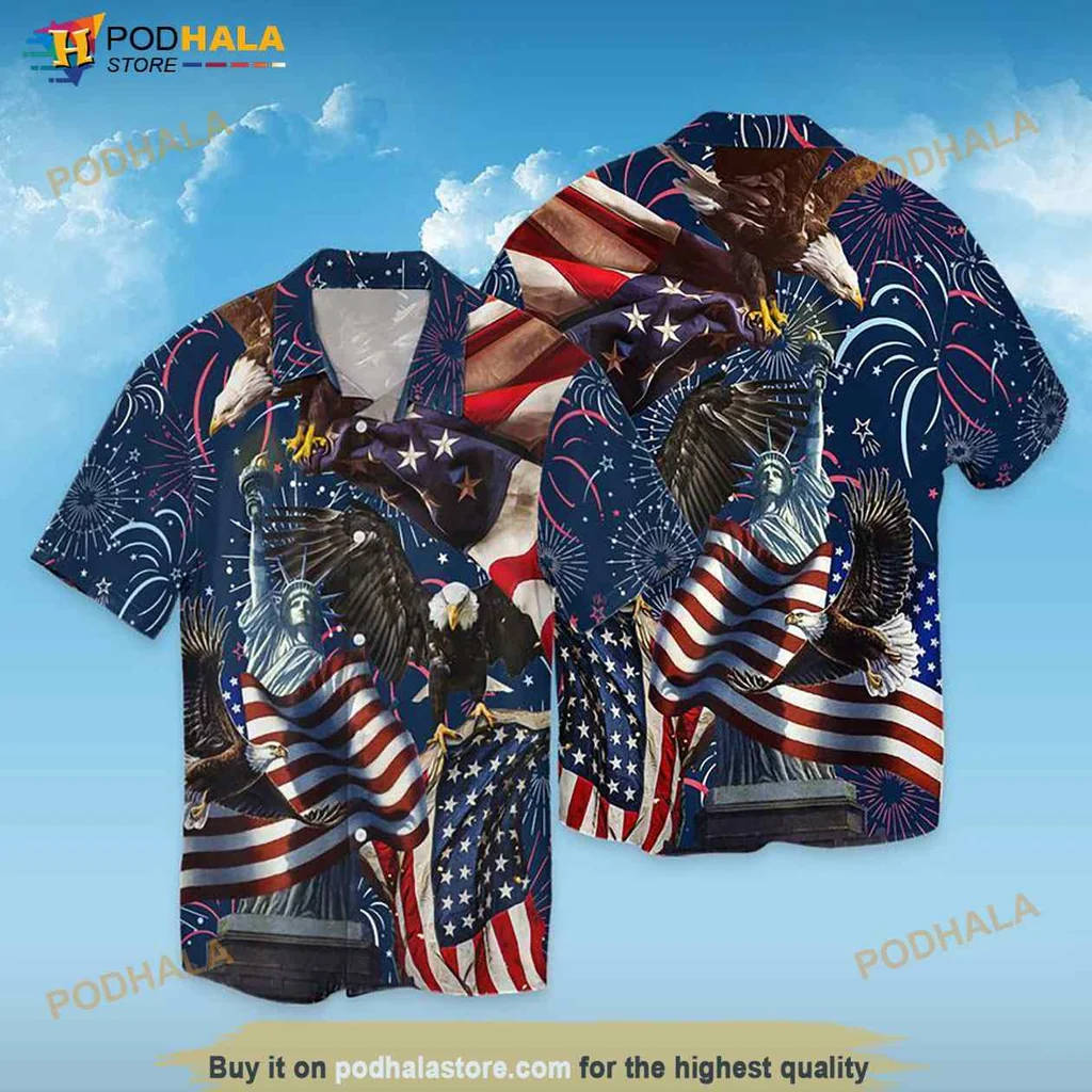 Patriotic Eagle Hawaiian Shirt Featuring Statue Of Liberty And Fireworks