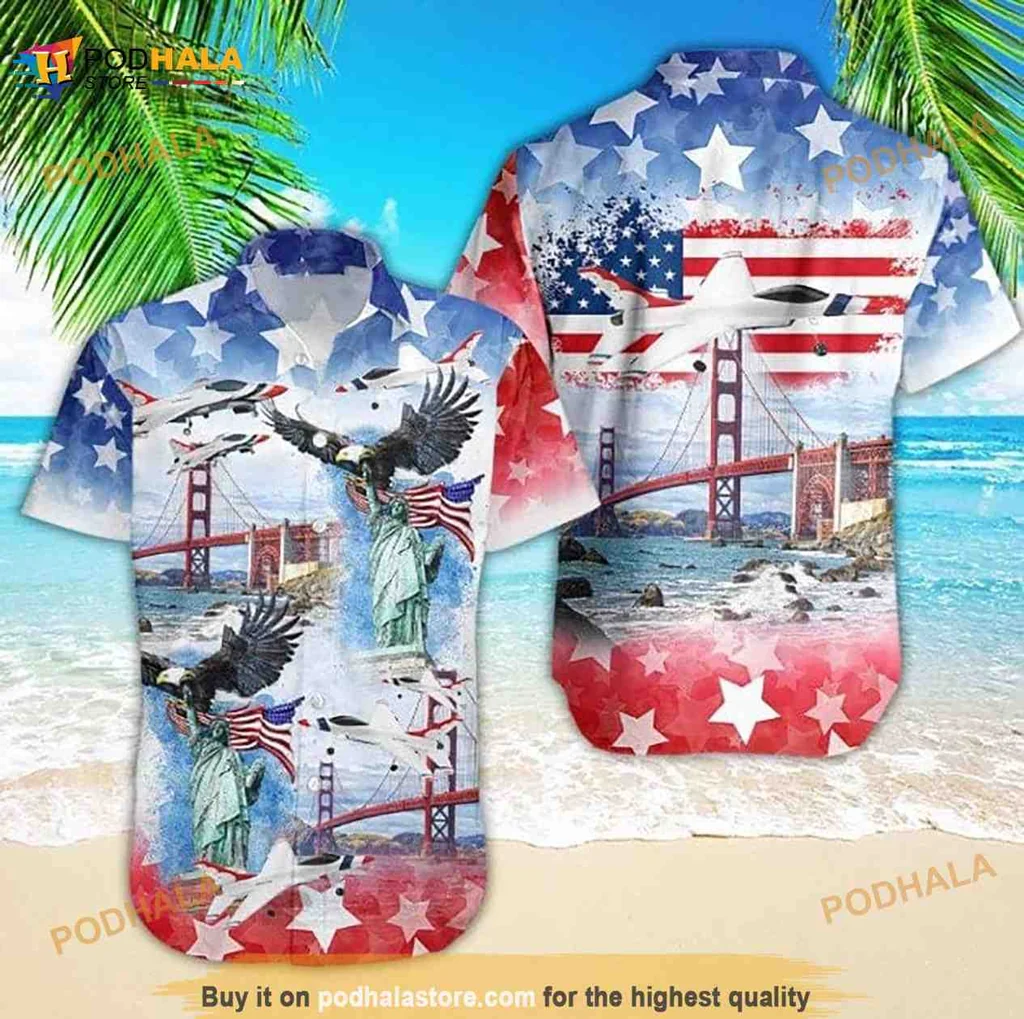 Patriotic Eagle Hawaiian Shirt Featuring Statue Of Liberty And Golden Gate Bridge
