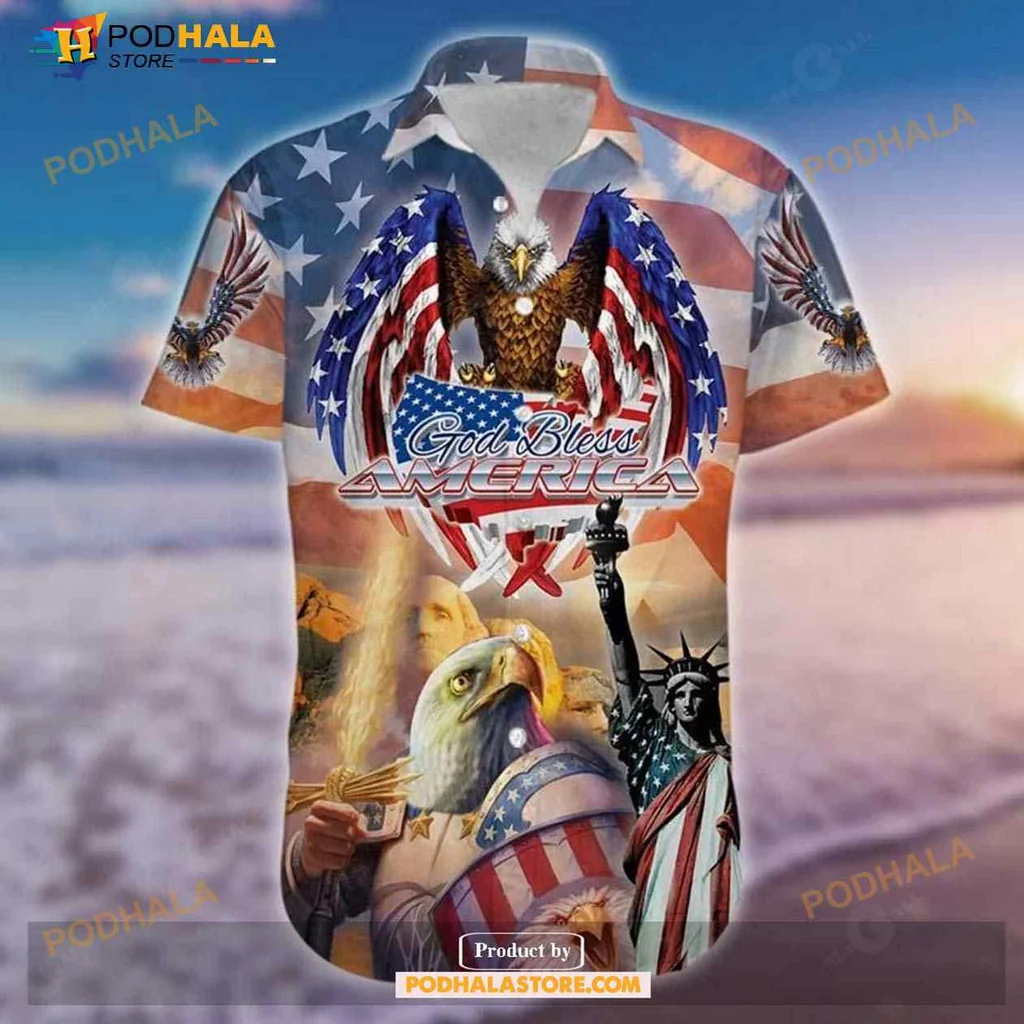 Patriotic Eagle Hawaiian Shirt, God Bless America Design For 4th Of July