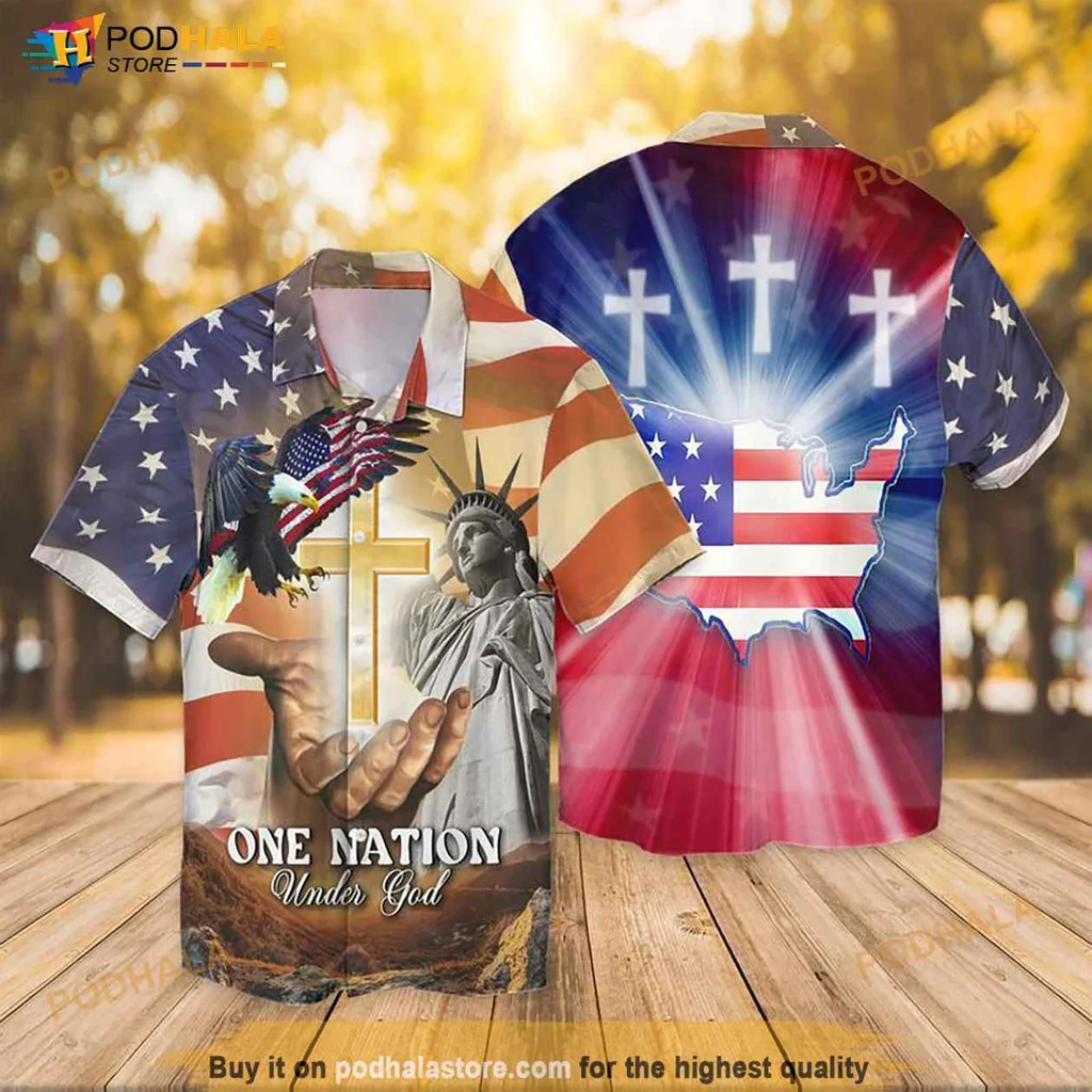 Patriotic Eagle Hawaiian Shirt, One Nation Under God Design