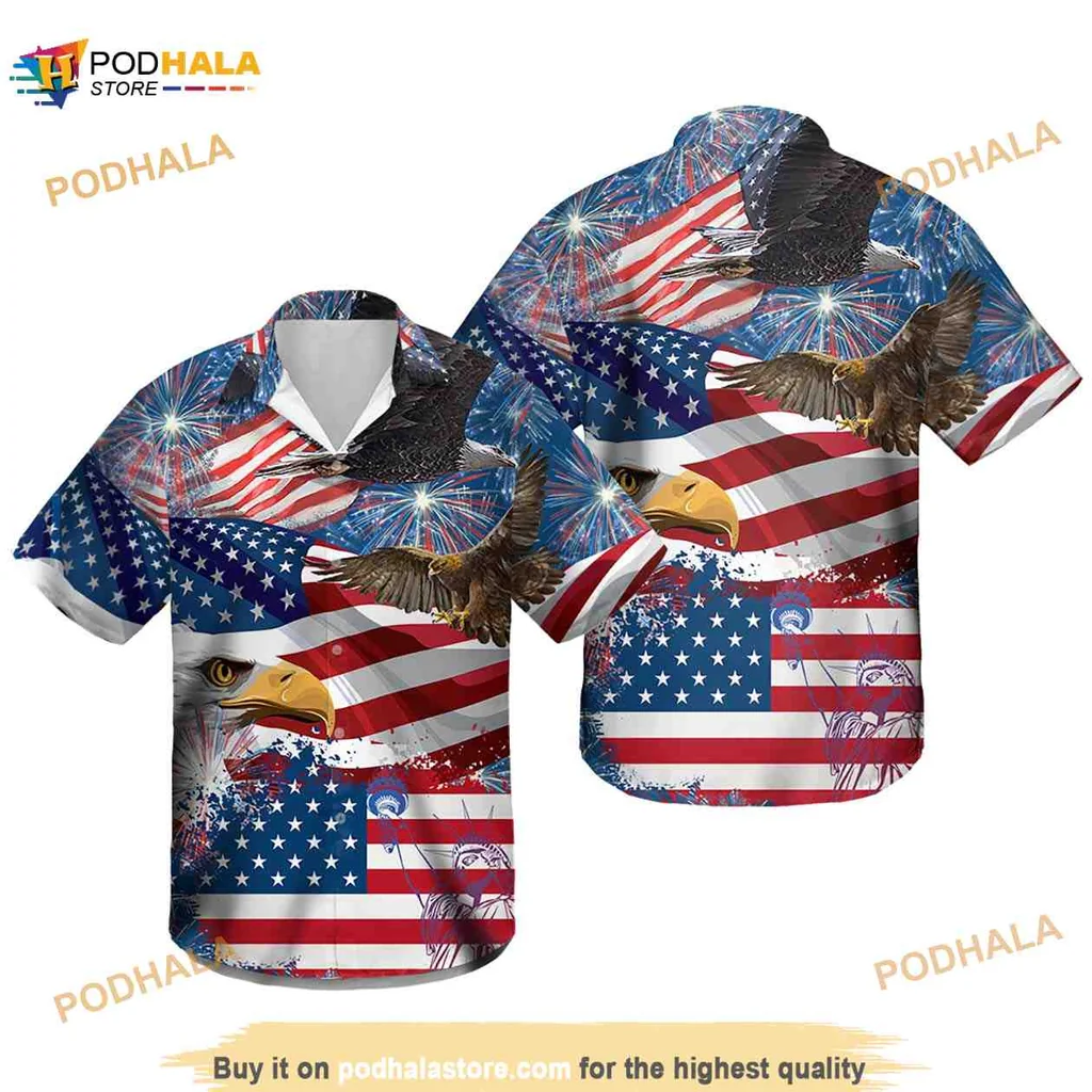 Patriotic Eagle Hawaiian Shirt With American Flag And Fireworks