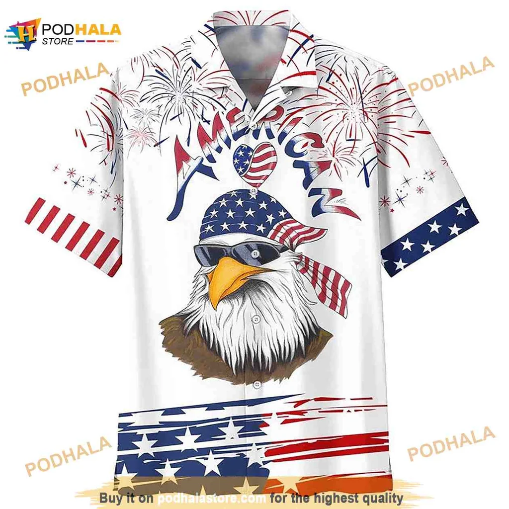 Patriotic Eagle Hawaiian Shirt With American Flag And Fireworks Design