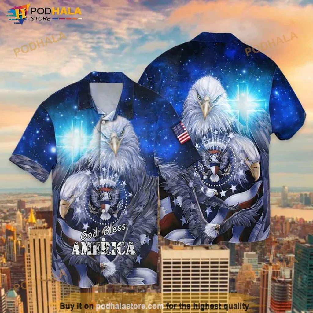 Patriotic Eagle Hawaiian Shirt With God Bless America Design