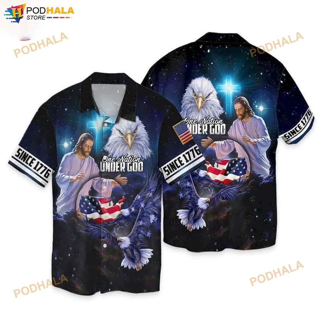 Patriotic Eagle Jesus Hawaiian Shirt, One Nation Under God Since 1776