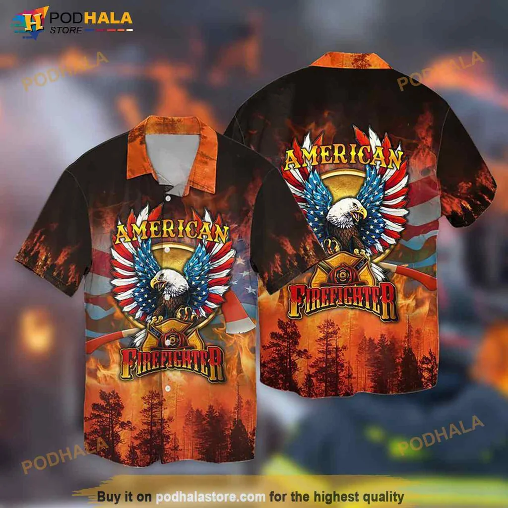 Patriotic Firefighter Eagle Hawaiian Shirt With Bold Red And Blue Design