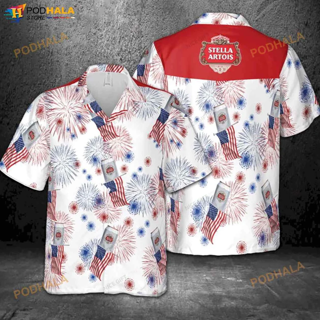 Patriotic Fireworks Hawaiian Shirt With American Flags And Stella Artois Logo