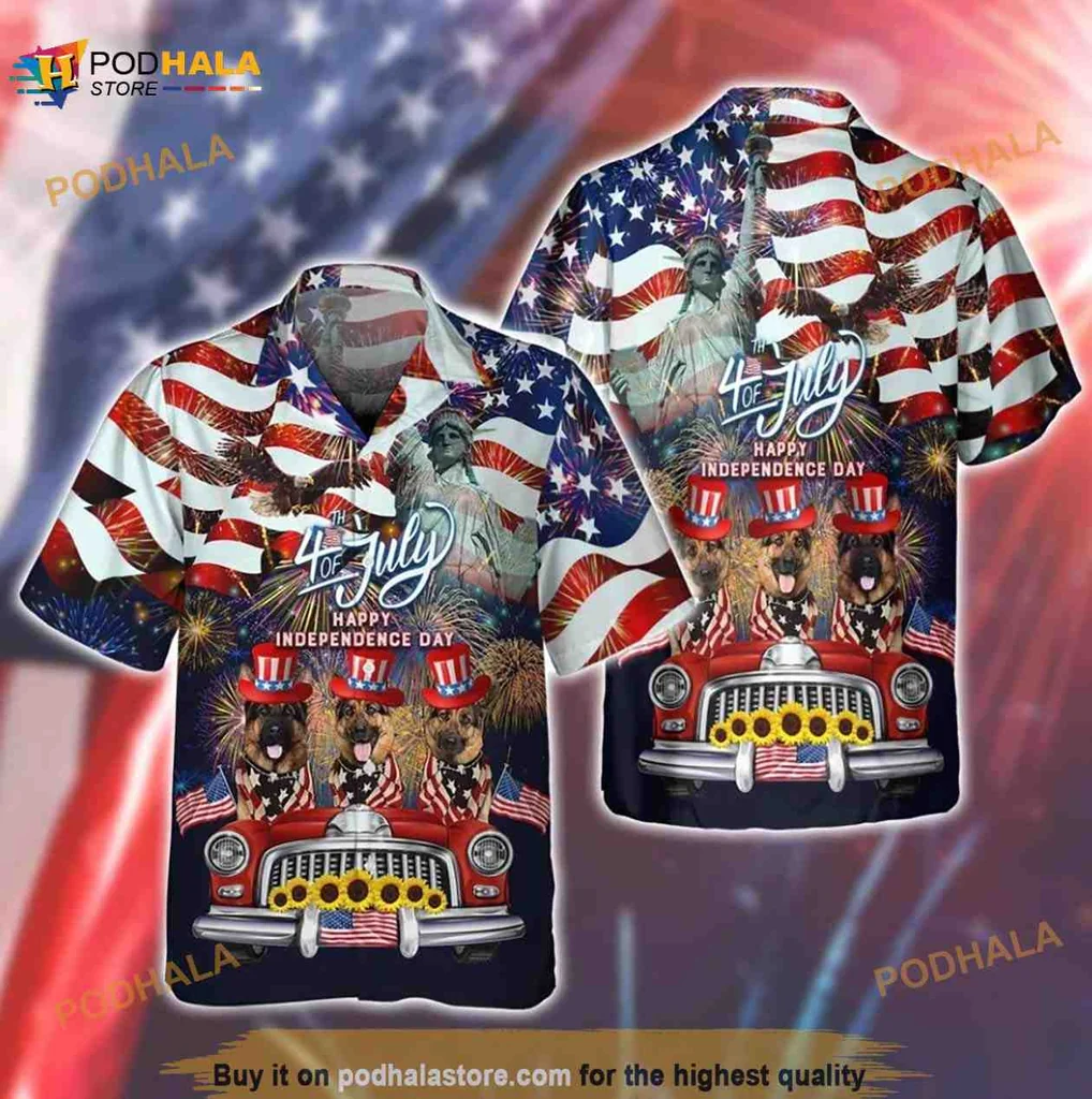 Patriotic German Shepherd Aloha Shirt With Statue Of Liberty Design