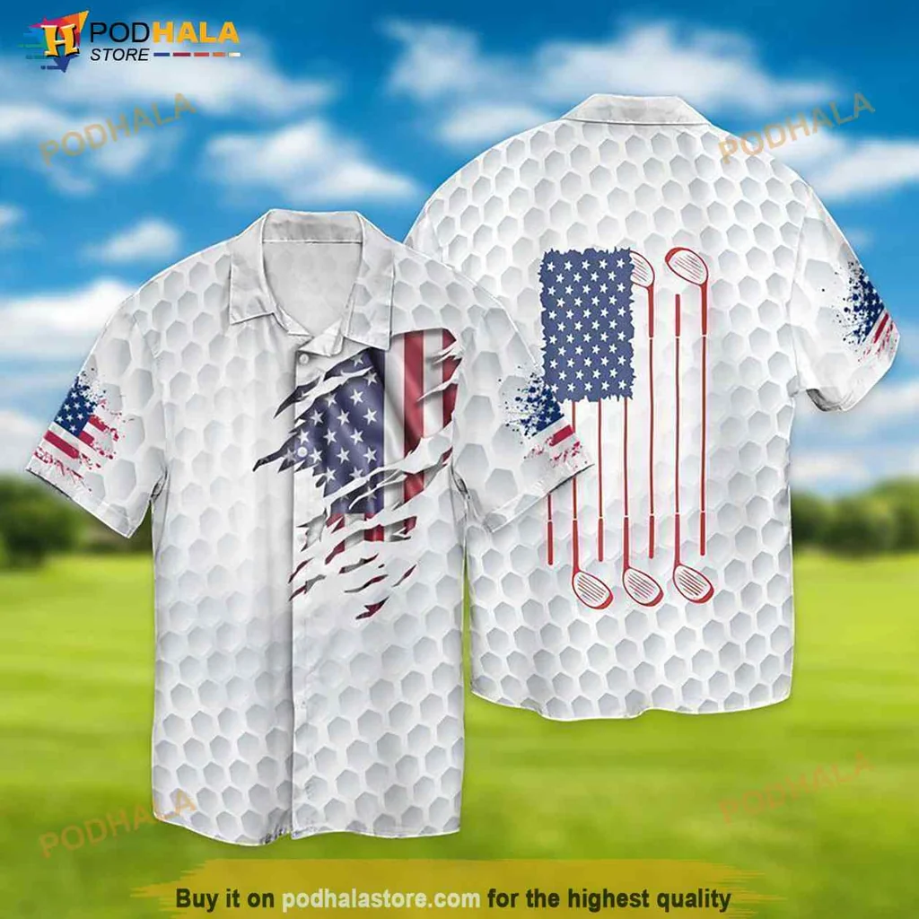 Patriotic Golf Hawaiian Shirt With Distressed American Flag Design