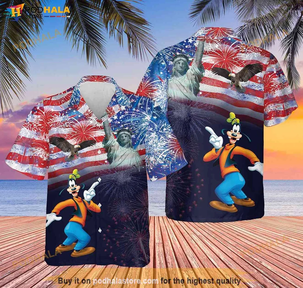 Patriotic Goofy Aloha Shirt With Fireworks And American Flag Design For July 4th Celebration