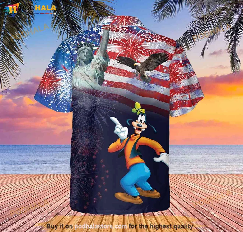 Patriotic Goofy Tropical Shirt With Fireworks And American Flag Design For July 4th Celebration Patriotic Goofy Tropical Shirt With Fireworks And American Flag Design For July 4th Celebration