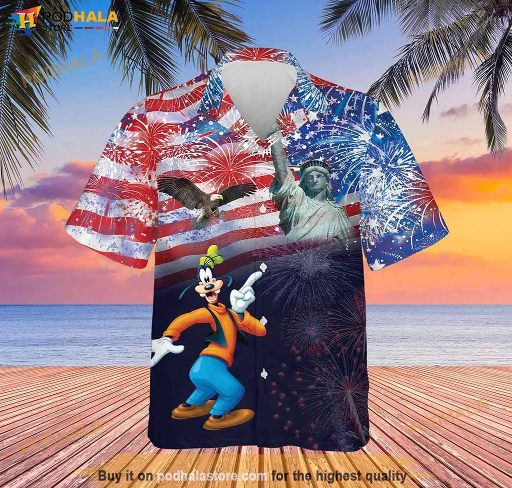 Patriotic Goofy Short-sleeve button-up shirt With Fireworks And American Flag Design For July 4th Celebration Patriotic Goofy Short-sleeve button-up shirt With Fireworks And American Flag Design For July 4th Celebration