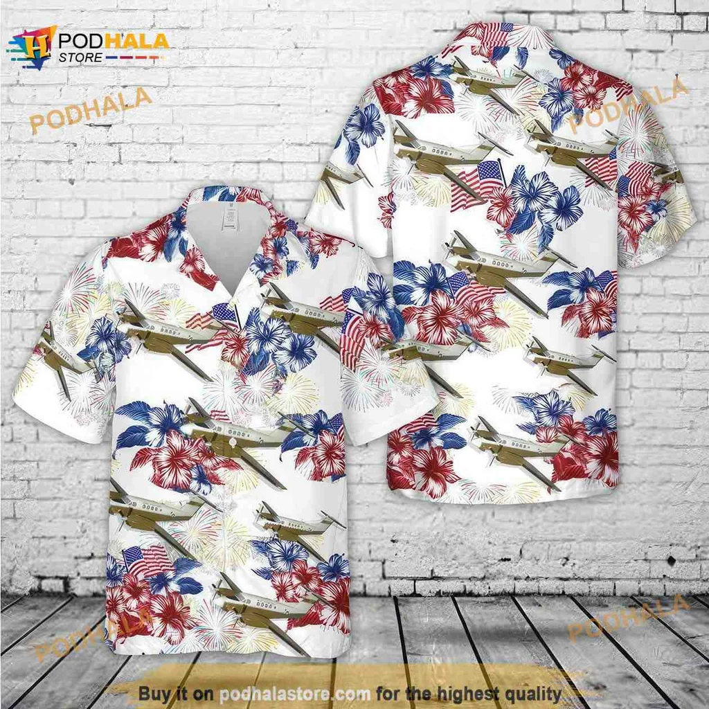 Patriotic Hawaiian Shirt Featuring Beechcraft C 12 Huron And Tropical Design