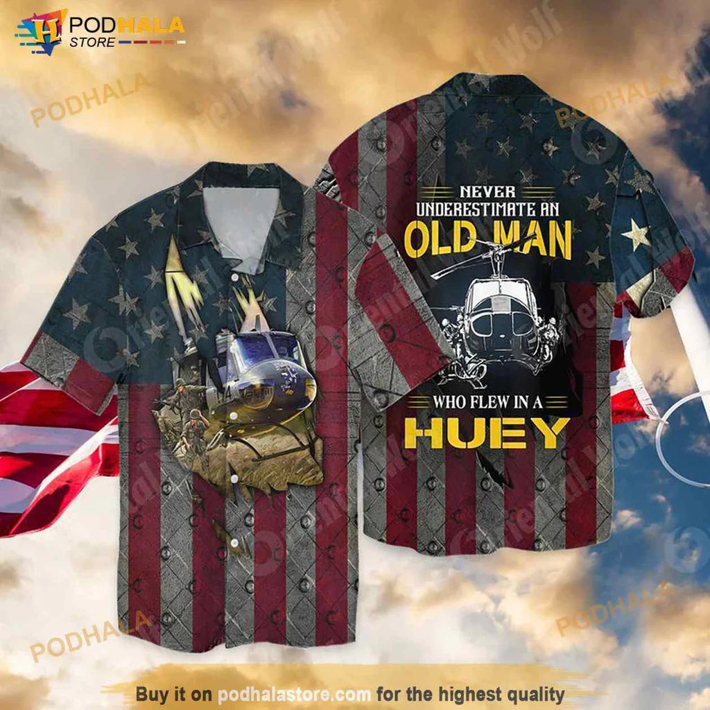 Patriotic Helicopter Hawaiian Shirt, Never Underestimate An Old Man Who Flew In A Huey