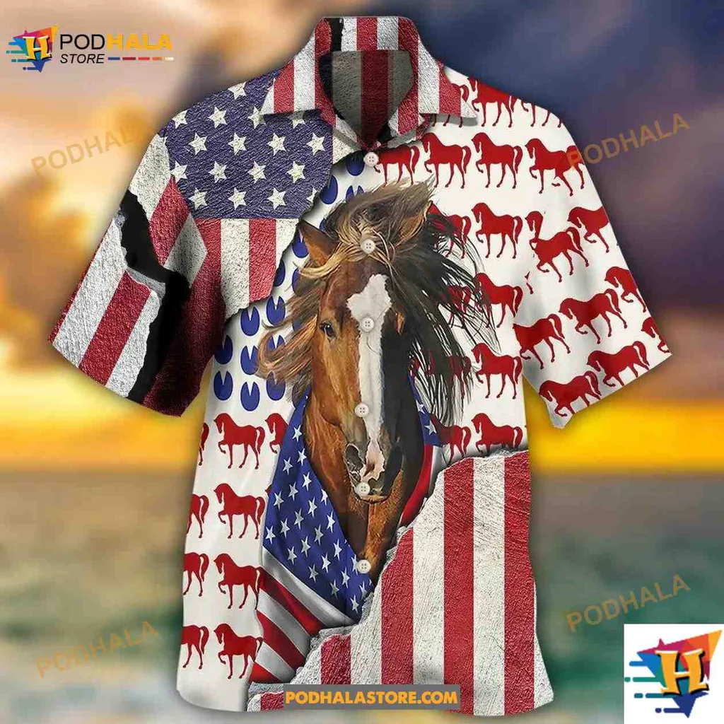 Patriotic Horse American Flag Hawaiian Shirt For Horse Lovers