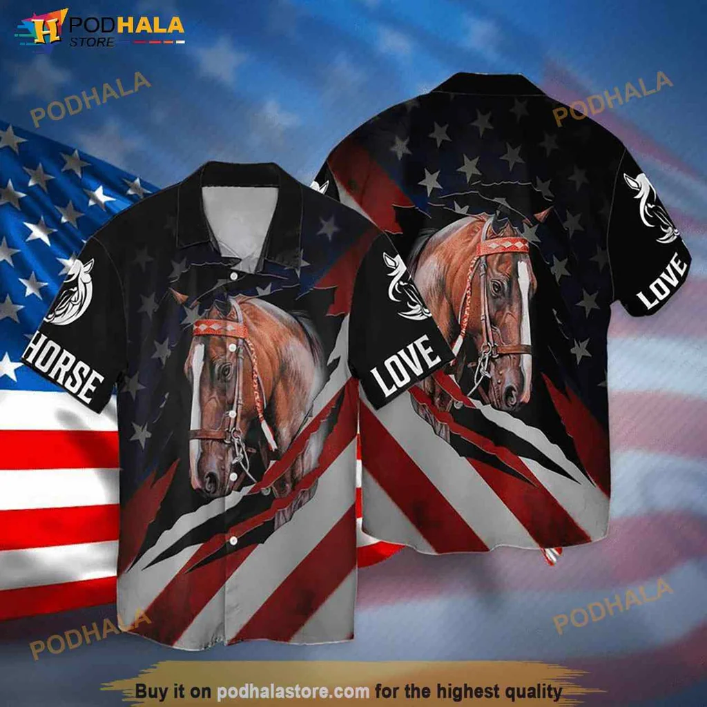 Patriotic Horse Lover Hawaiian Shirt Featuring American Flag Design