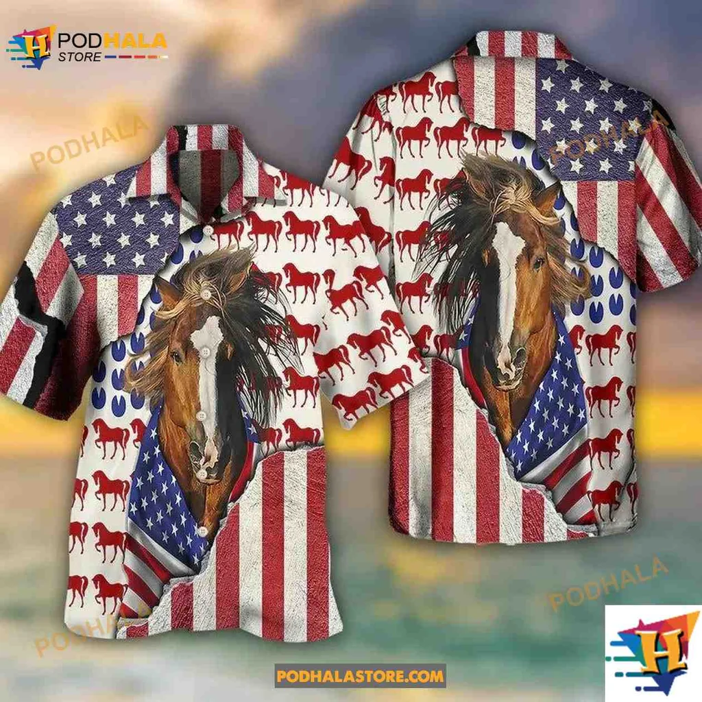 Patriotic Horse Lovers Hawaiian Shirt With American Flag Design