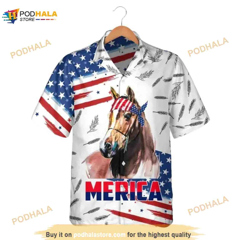 Patriotic Horse Lovers Hawaiian Shirt With Merica Flag Design