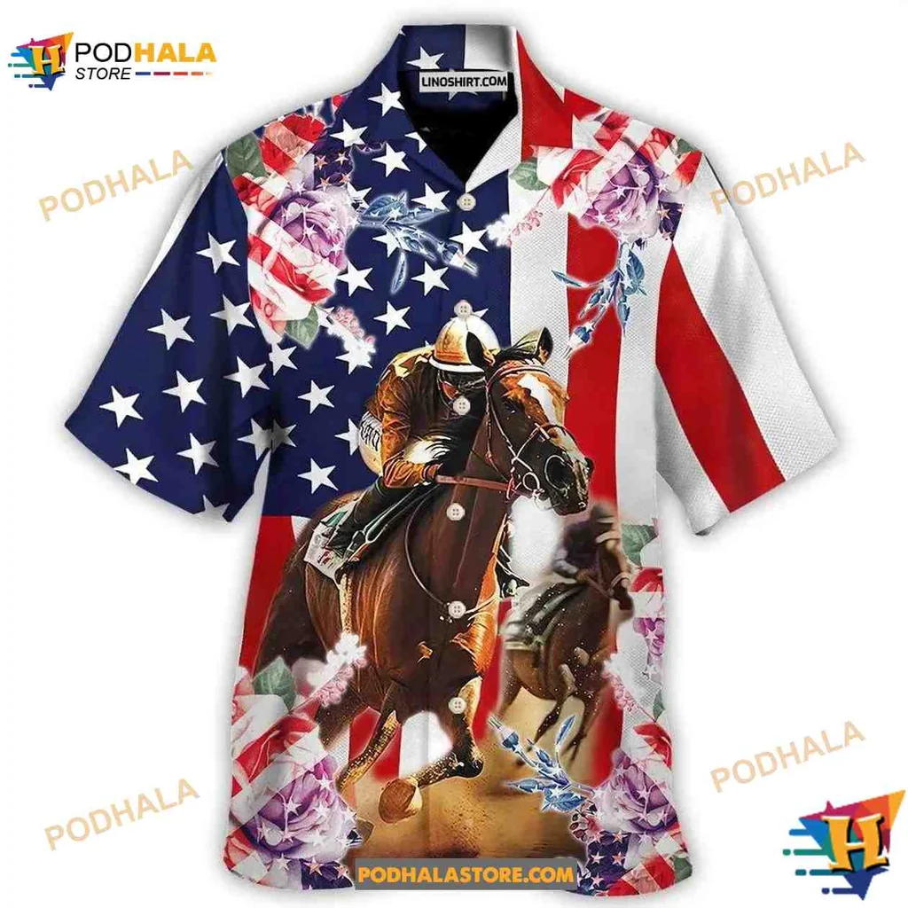 Patriotic Horse Racing Hawaiian Shirt Featuring Horse And American Flag