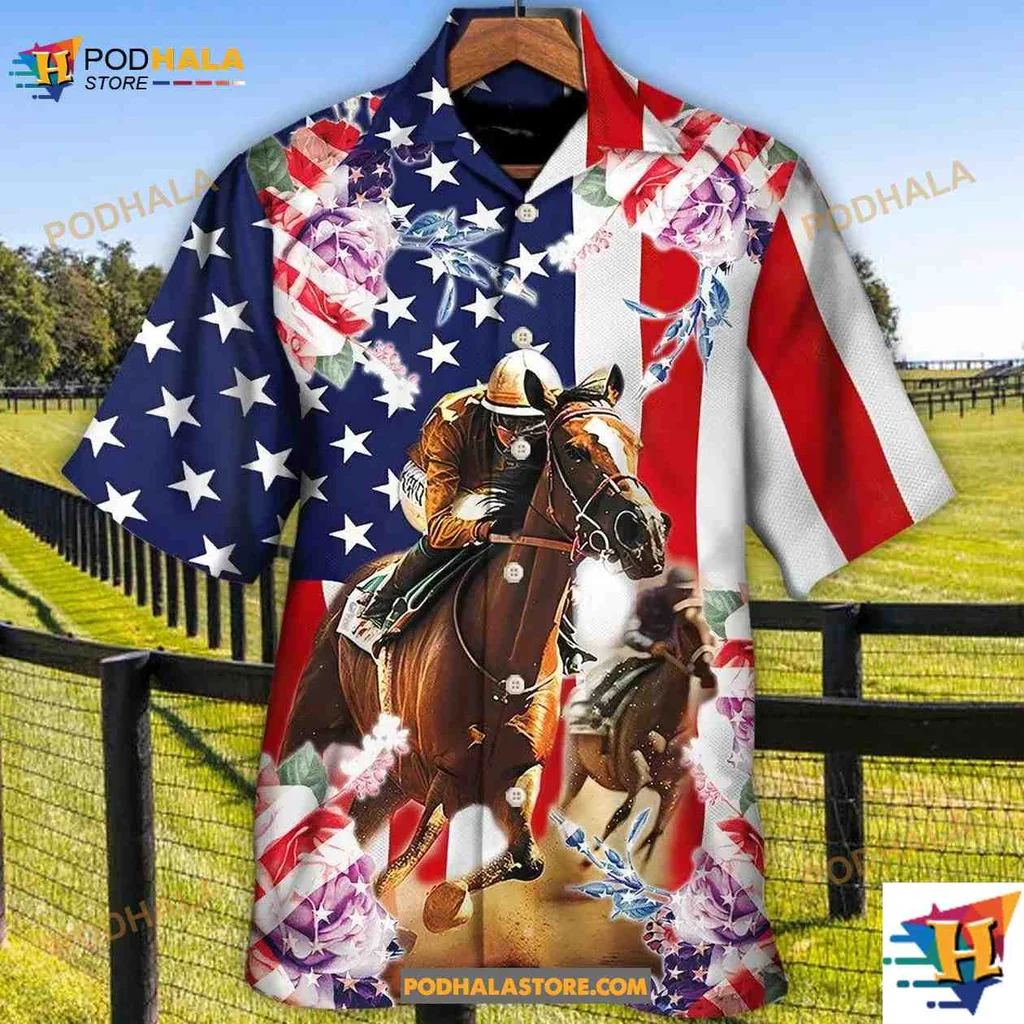 Patriotic Horse Racing Aloha Shirt Featuring Horse And American Flag Patriotic Horse Racing Aloha Shirt Featuring Horse And American Flag