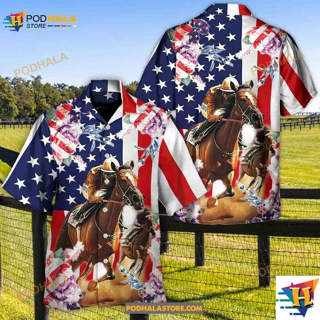 Patriotic Horse Racing Tropical Shirt Featuring Horse And American Flag Patriotic Horse Racing Tropical Shirt Featuring Horse And American Flag