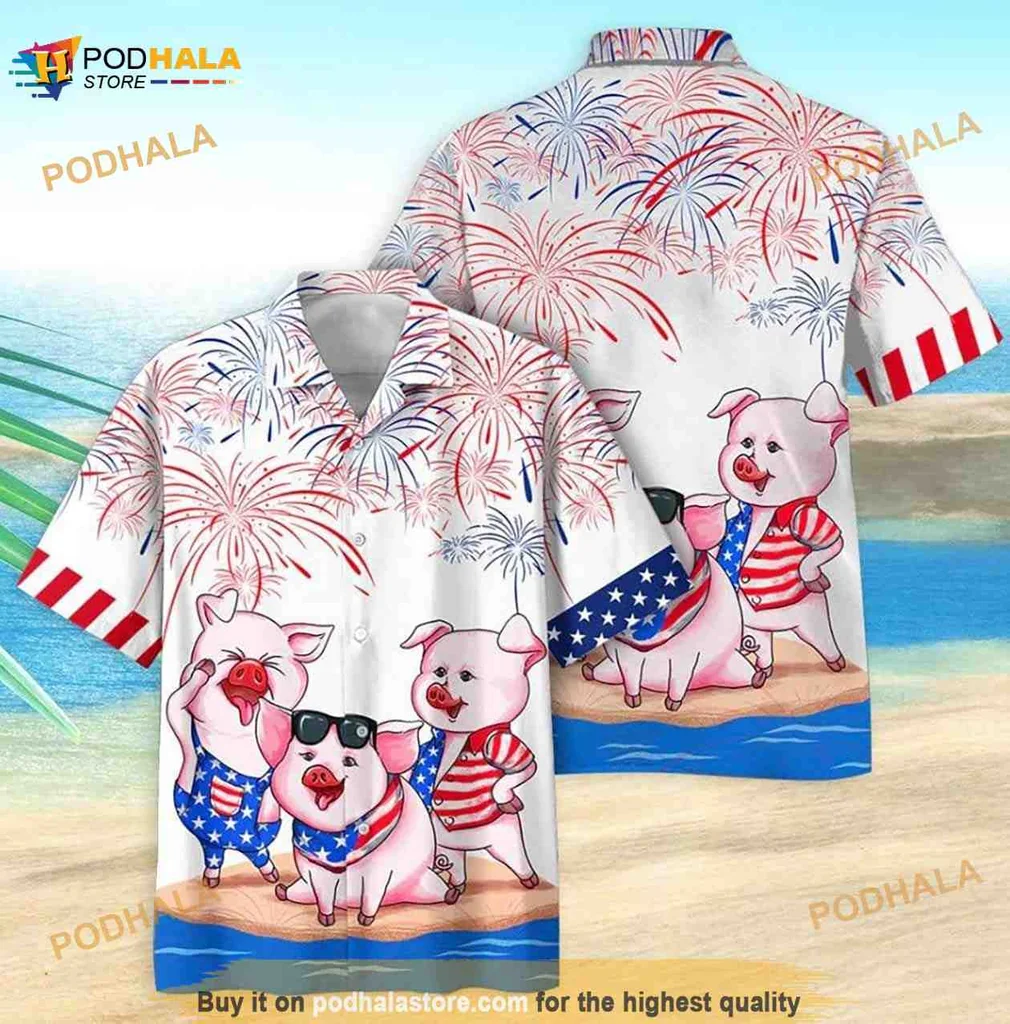 Patriotic Pig Aloha Shirt With Cartoon Pigs And Fireworks