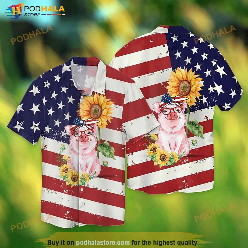 Patriotic Pig Sunflower Hawaiian Shirt For 4th Of July Celebrations