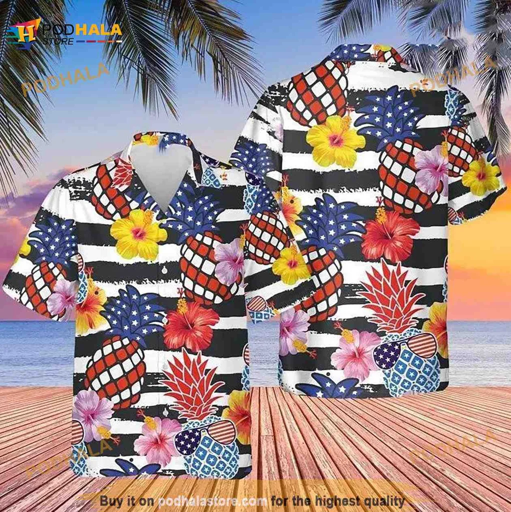 Patriotic Pineapple Hawaiian Shirt With Tropical Flowers And Stripes