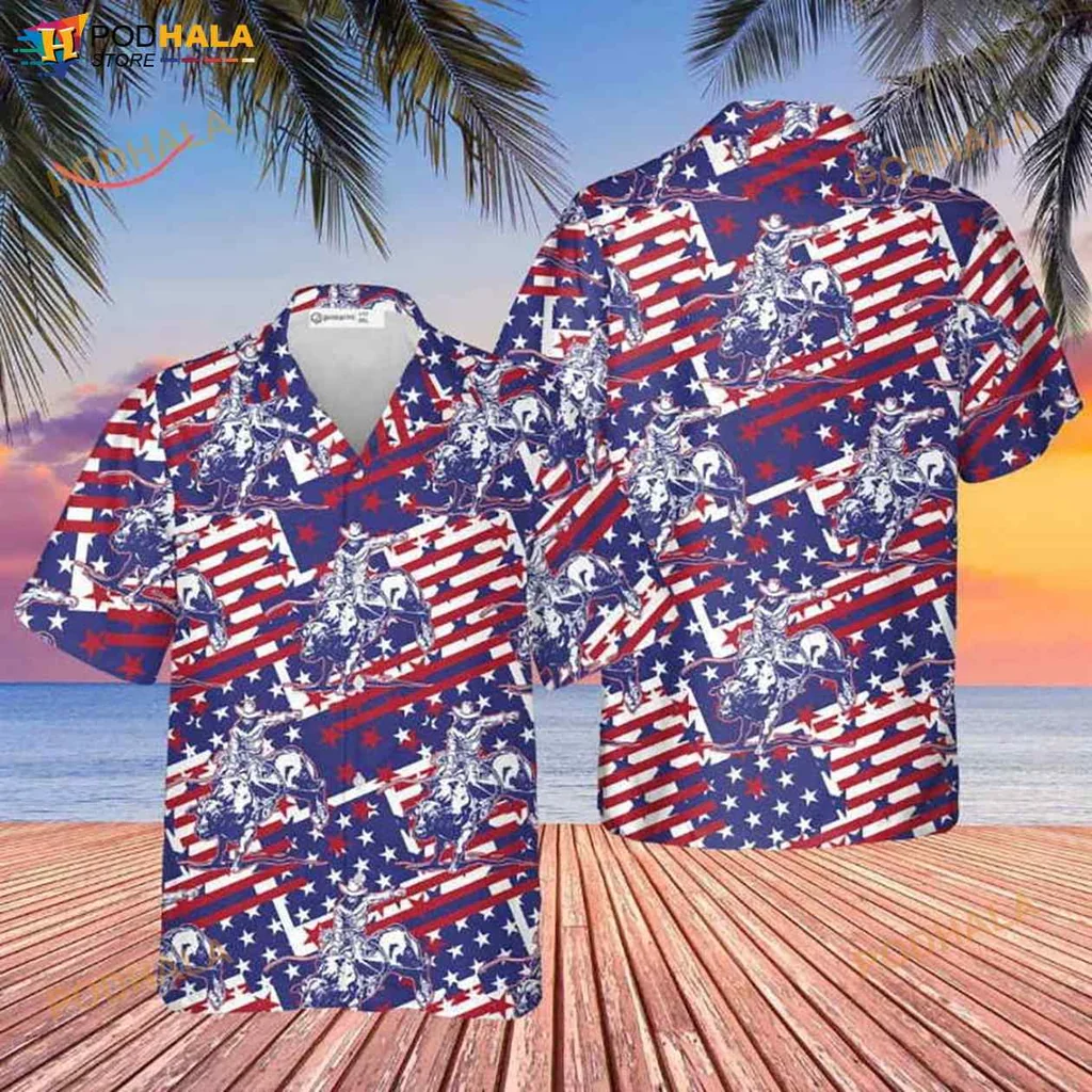 Patriotic Rodeo Bull Rider Hawaiian Shirt With American Flag Design