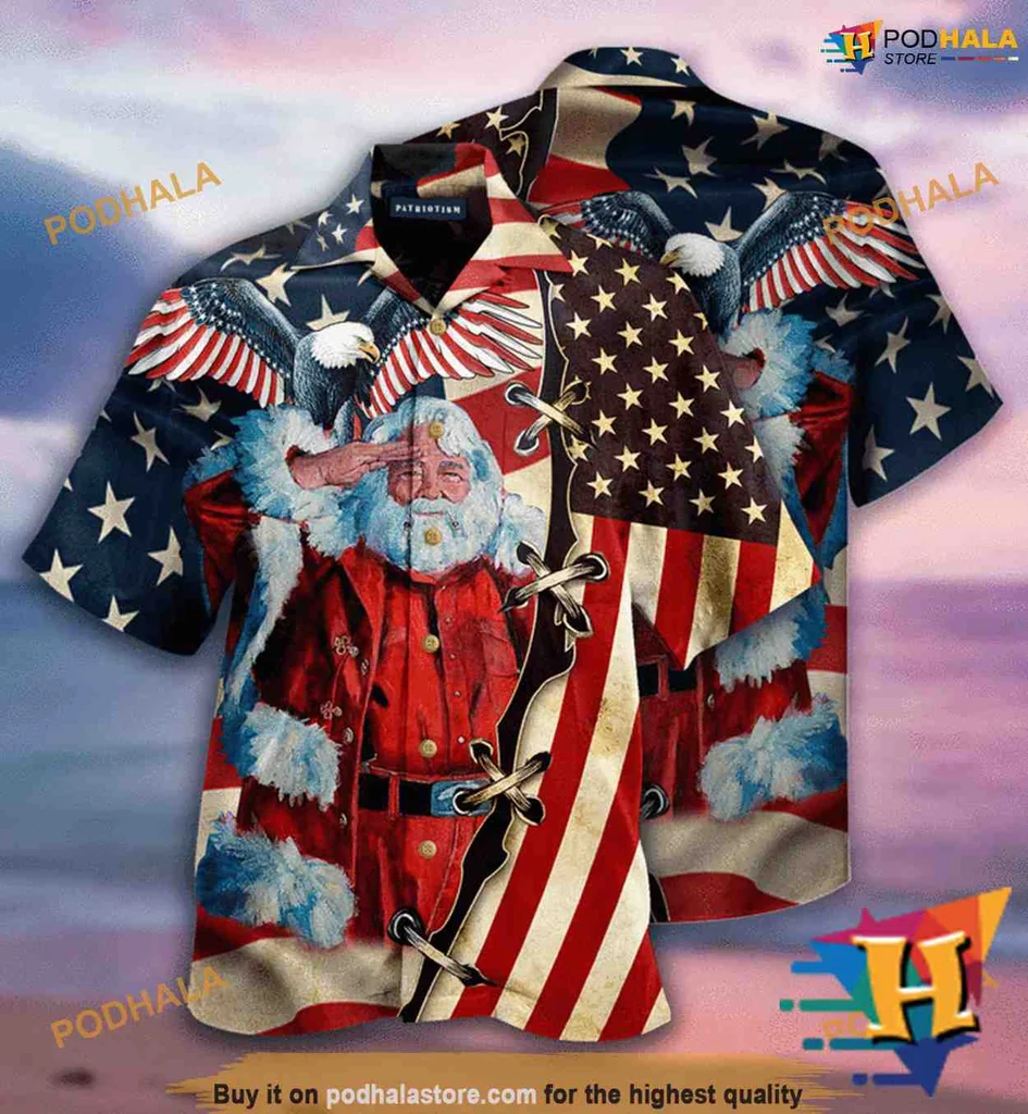 Patriotic Santa Claus Aloha Shirt With American Flag Design