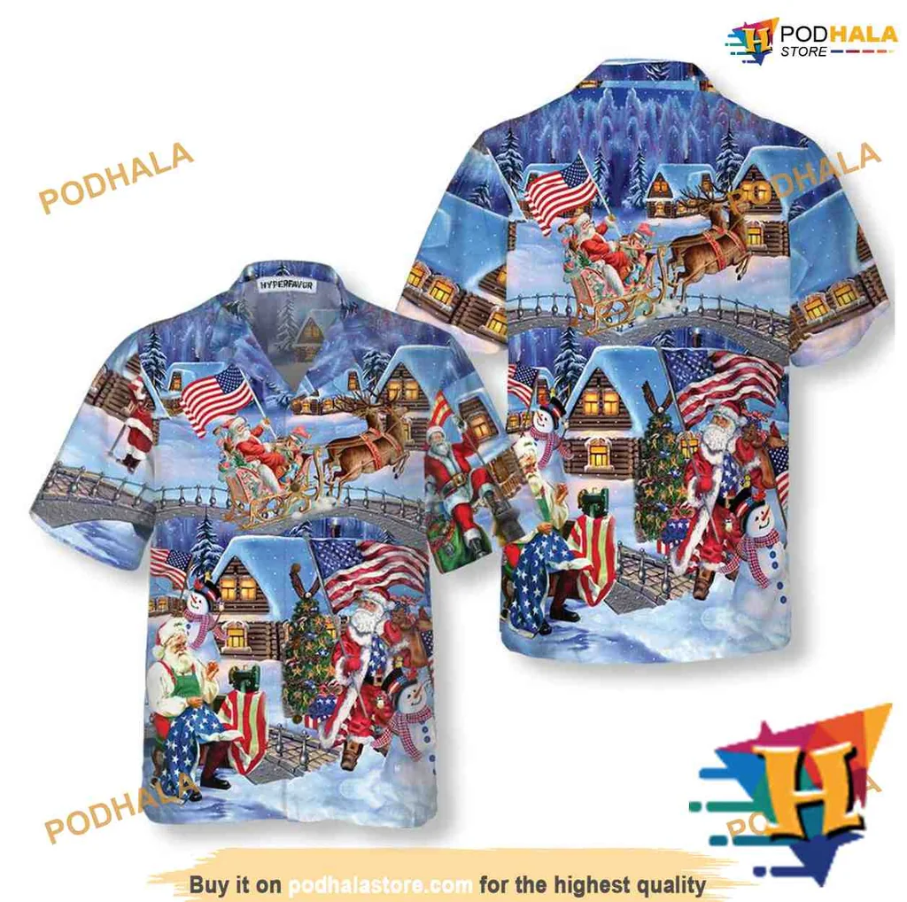 Patriotic Santa Hawaiian Shirt With Snowmen And Cozy Cabin Design