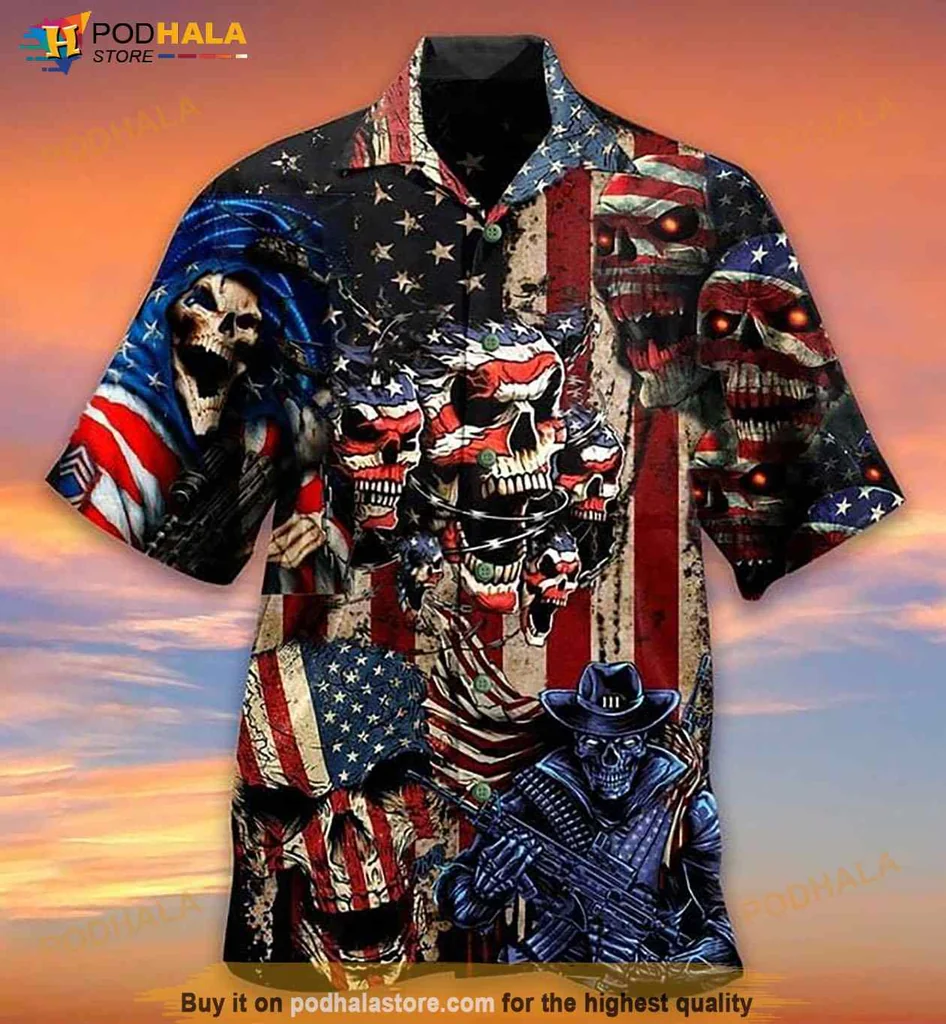 Patriotic Skull Hawaiian Shirt Featuring American Flag Design
