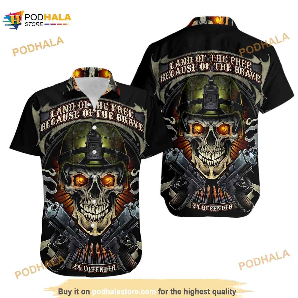 Patriotic Skull Military Hawaiian Shirt Featuring Land Of The Free Design
