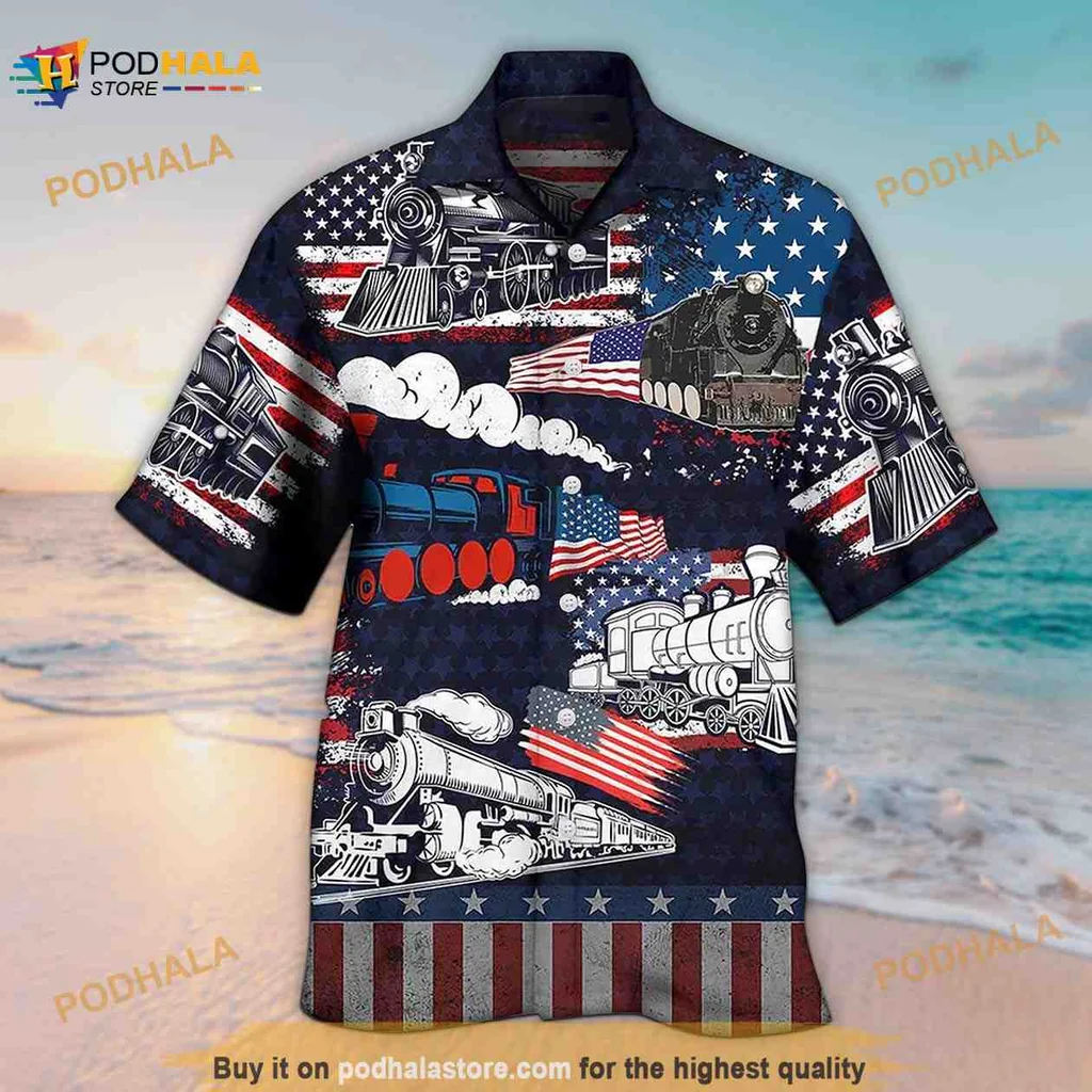 Patriotic Train Hawaiian Shirt With American Flag Design