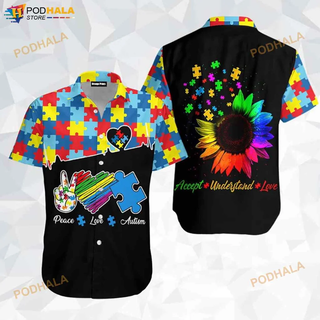 Peace Love Autism Hawaiian Shirt With Colorful Puzzle Design