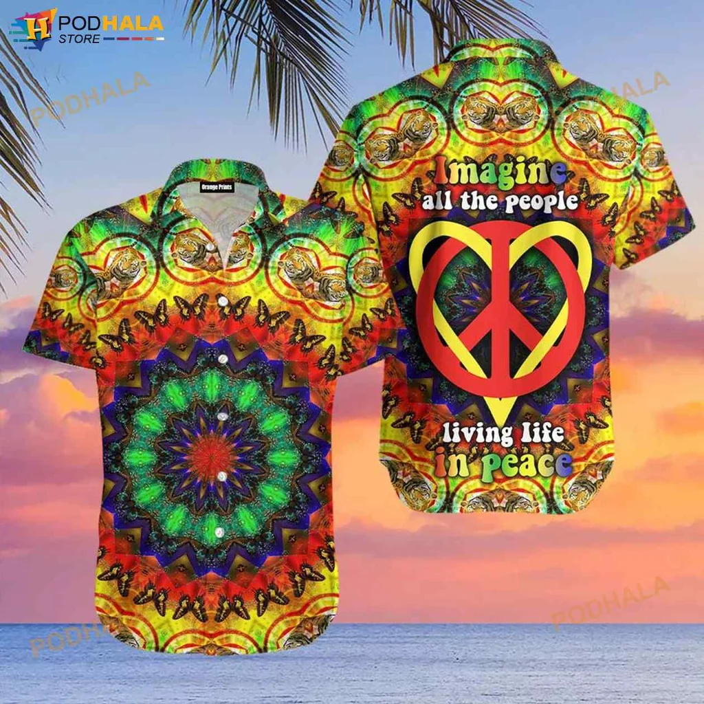 Peace Symbol Psychedelic Hawaiian Shirt With Imagine All The People Design