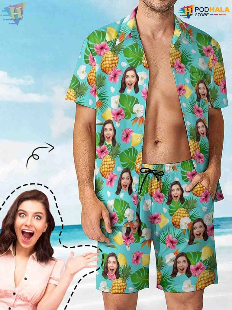 Personalized Flamingo Short-sleeve button-up shirt With Custom Face Design Personalized Flamingo Short-sleeve button-up shirt With Custom Face Design