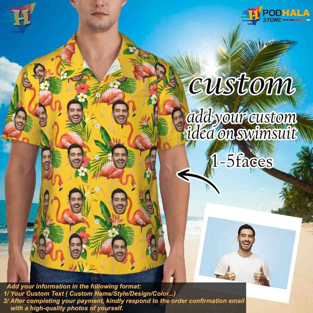 Personalized Flamingo Hawaiian Shirt With Custom Faces For Beach Fun