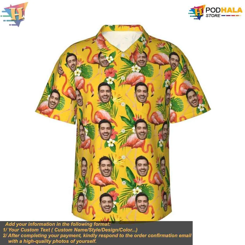 Personalized Flamingo Short-sleeve button-up shirt With Custom Faces For Beach Fun Personalized Flamingo Short-sleeve button-up shirt With Custom Faces For Beach Fun