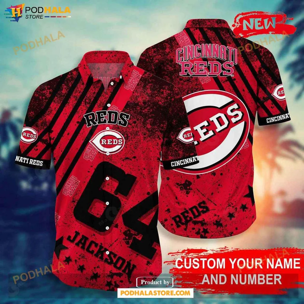 Personalized Reds Baseball Aloha Shirt, Vibrant Red And Black Sports Design For Fans
