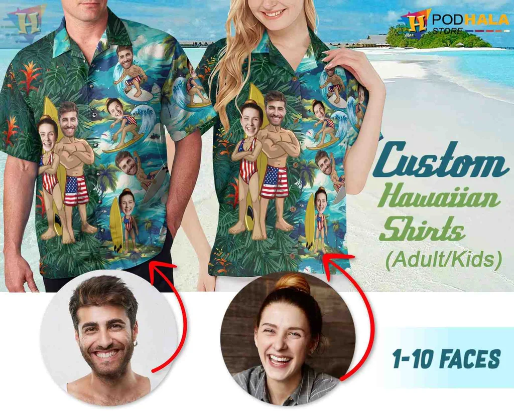 Personalized Tropical Beach Hawaiian Shirt With Fun Cartoon Faces
