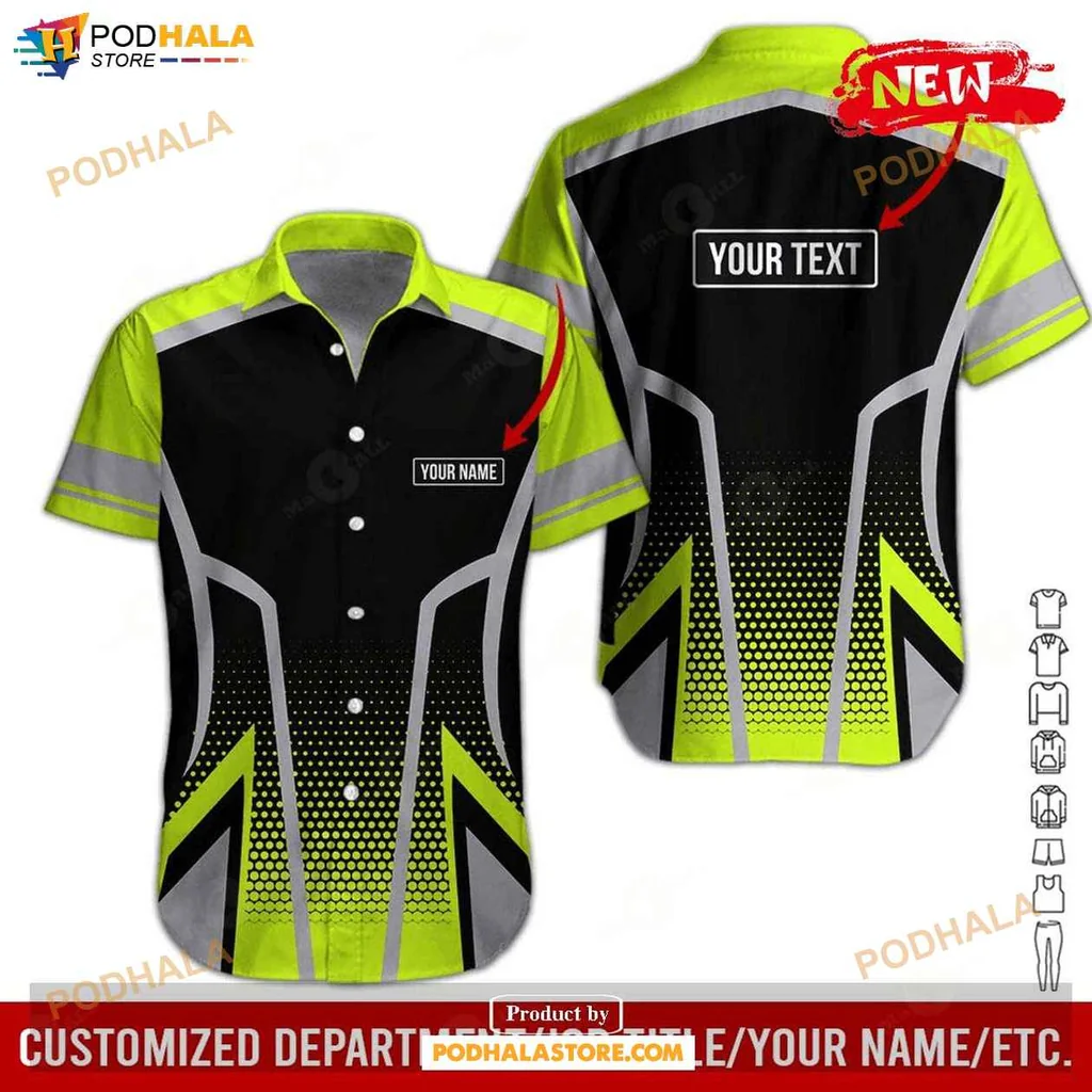 Personalized Workwear Hawaiian Shirt, Black And Neon Yellow Geometric Design