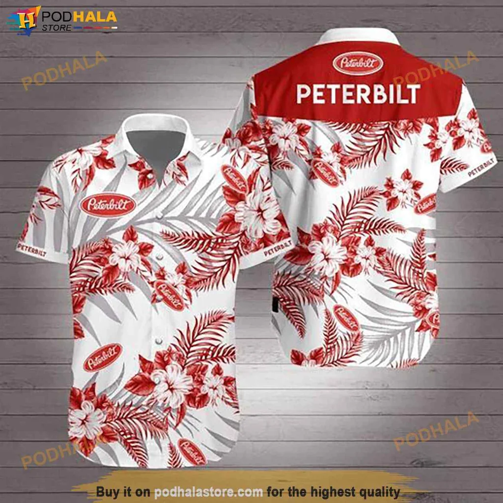 Peterbilt Tropical Hawaiian Shirt With Hibiscus Flowers And Palm Leaves