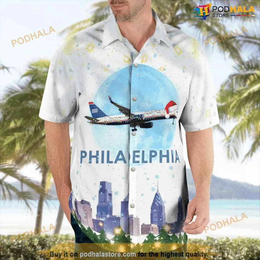 Philadelphia Aviation Aloha Shirt Featuring Airplane Over Cityscape