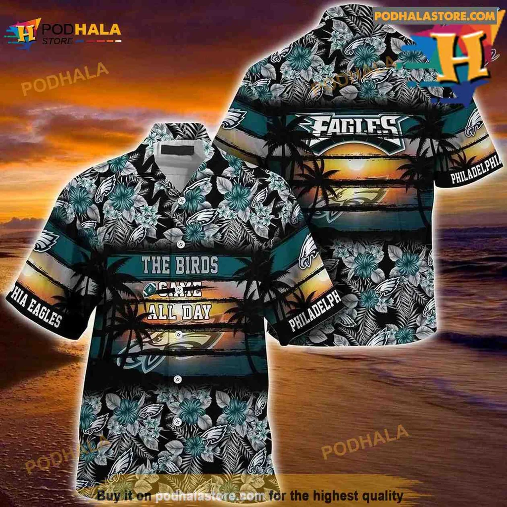 Philadelphia Eagles Floral Hawaiian Shirt Featuring Tropical Sunset Design
