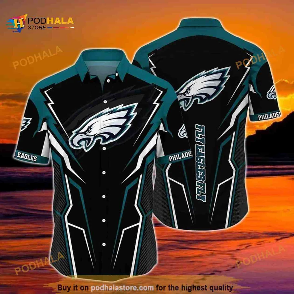 Philadelphia Eagles Hawaiian Shirt, Vibrant Black And Teal Design For Fans