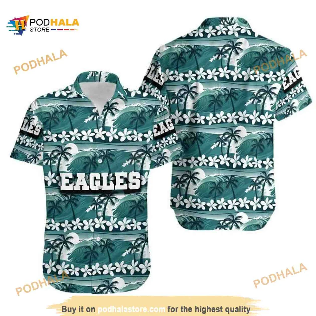 Philadelphia Eagles Hawaiian Shirt With Coconut Trees And Hibiscus Flowers
